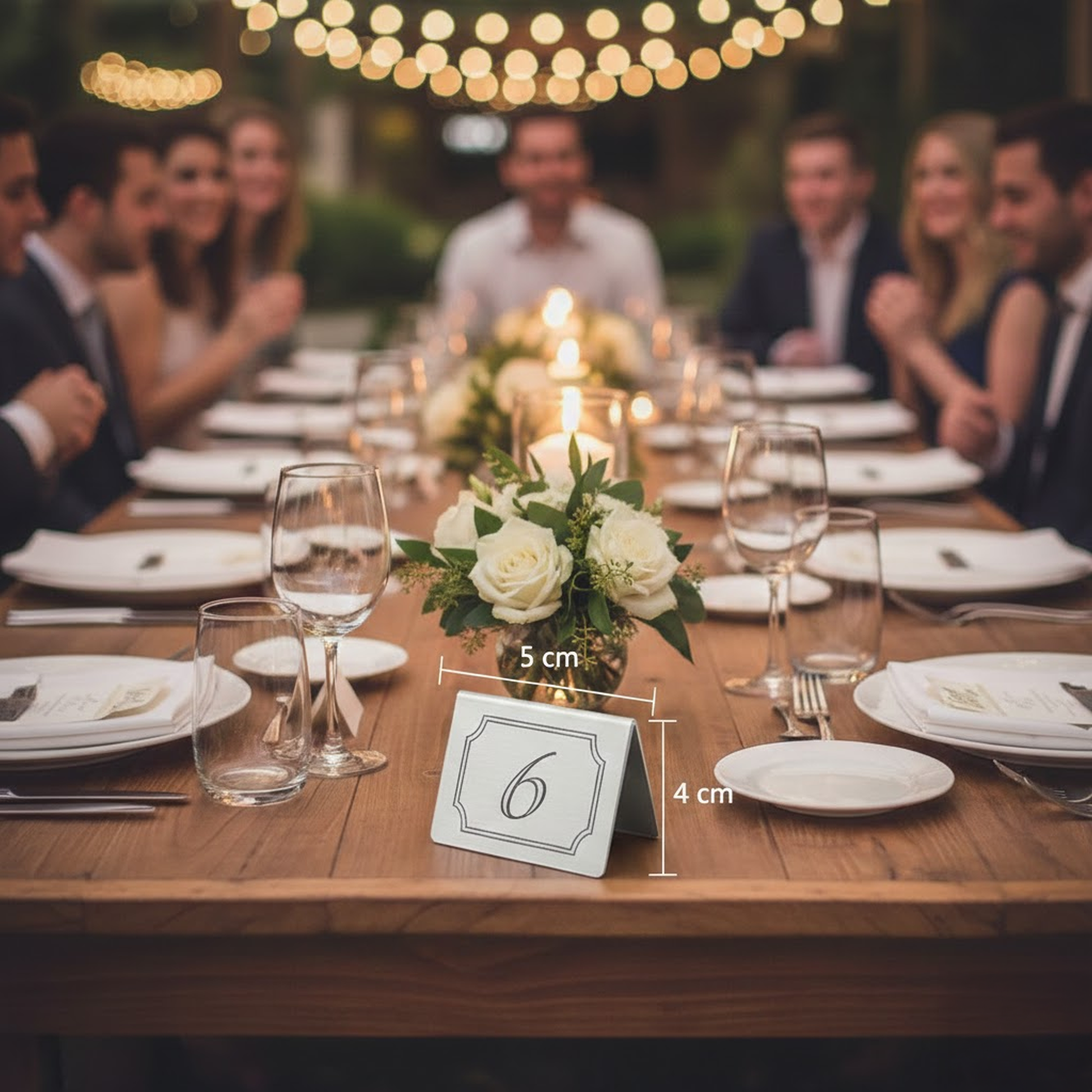 Close up of stainless steel table number with black numbering and brushed finish