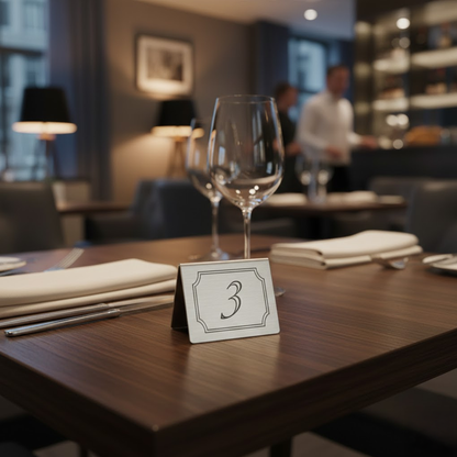 Stainless steel table numbers in use on restaurant dining tables