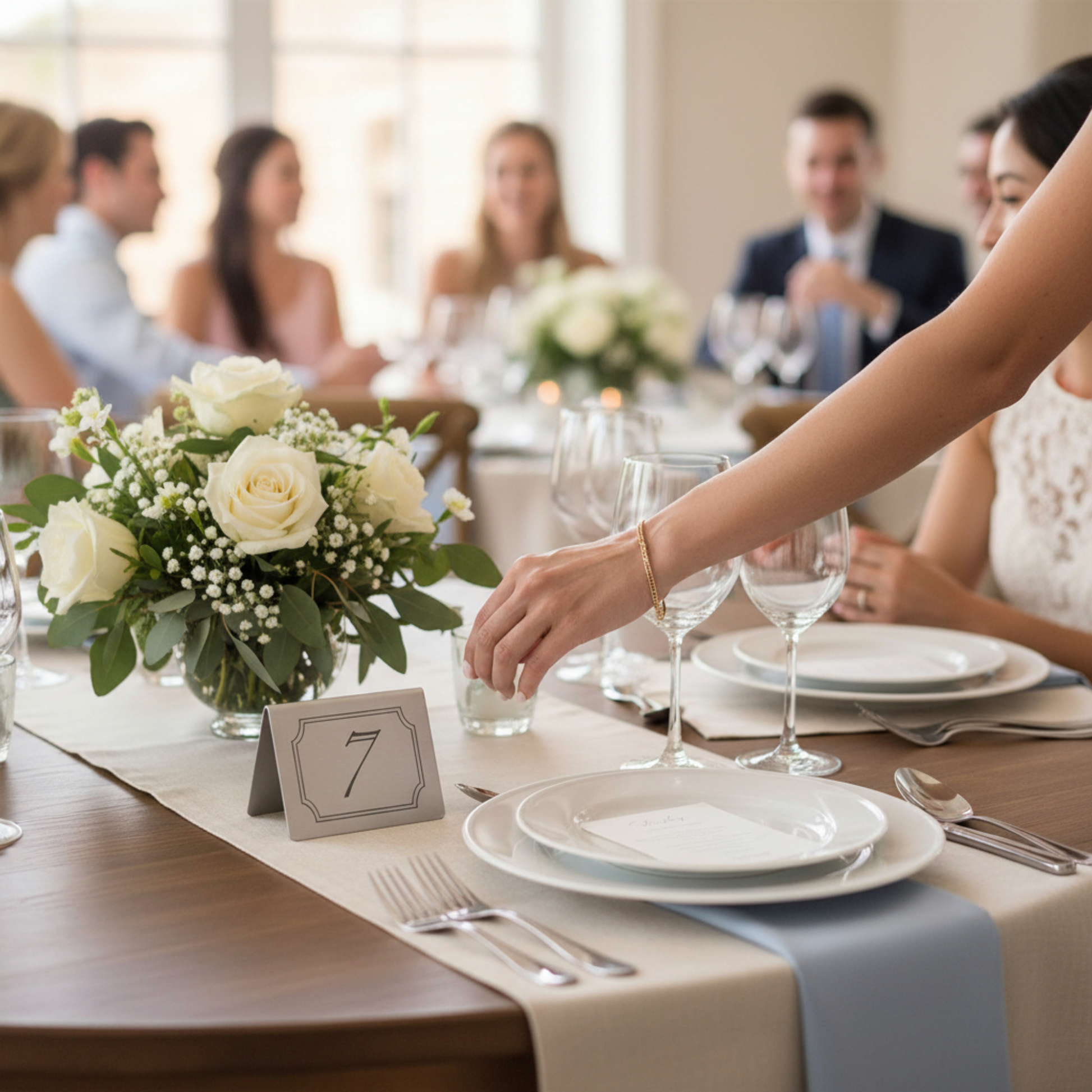 Freestanding tent style stainless steel table number standing on tabletop