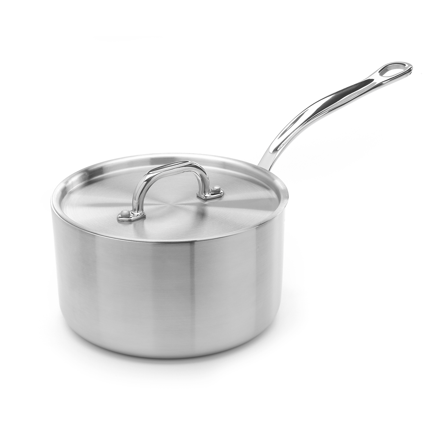 Stainless steel saucepan with lid on a white background