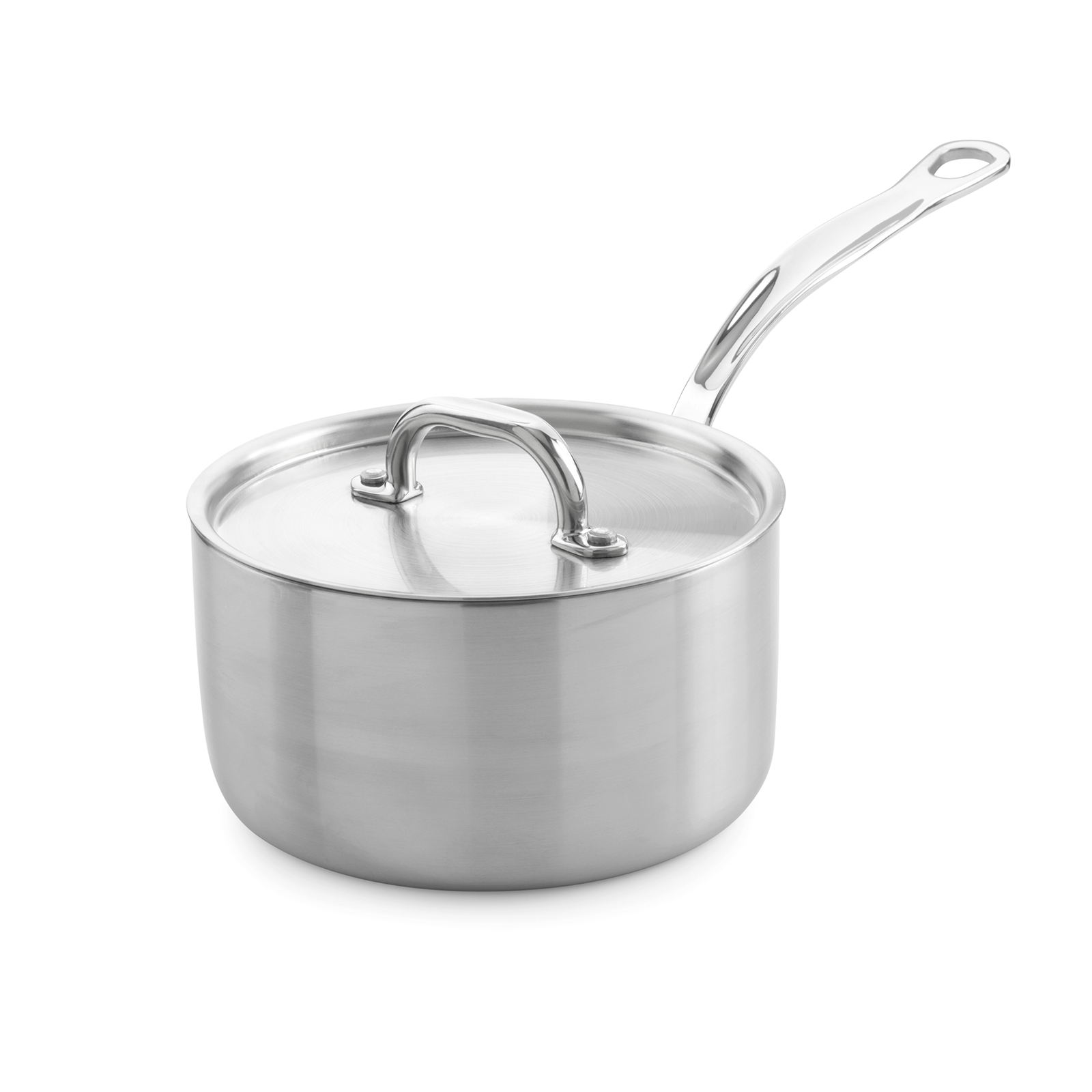 Stainless steel saucepan with lid on a white background