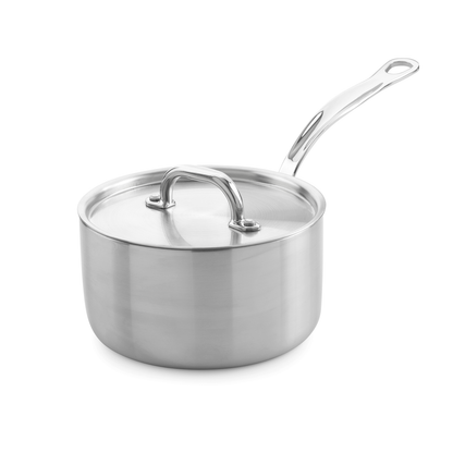 Stainless steel saucepan with lid on a white background
