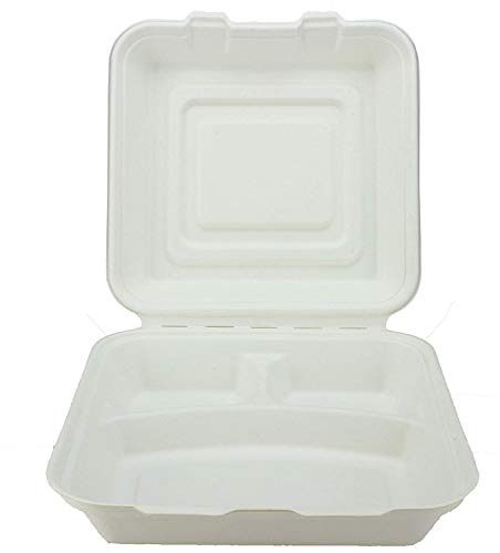 Chabrias Ltd 50x Biodegradable Bagasse Takeaway Takeout Clamshell Container 9"x9"x3" - 3 Compartmet Box White - Premium Home from Chabrias Ltd - Just £14.99! Shop now at Chabrias Ltd