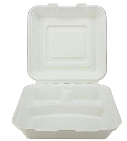 Chabrias Ltd 50x Biodegradable Bagasse Takeaway Takeout Clamshell Container 9"x9"x3" - 3 Compartmet Box White - Premium Home from Chabrias Ltd - Just £14.99! Shop now at Chabrias Ltd